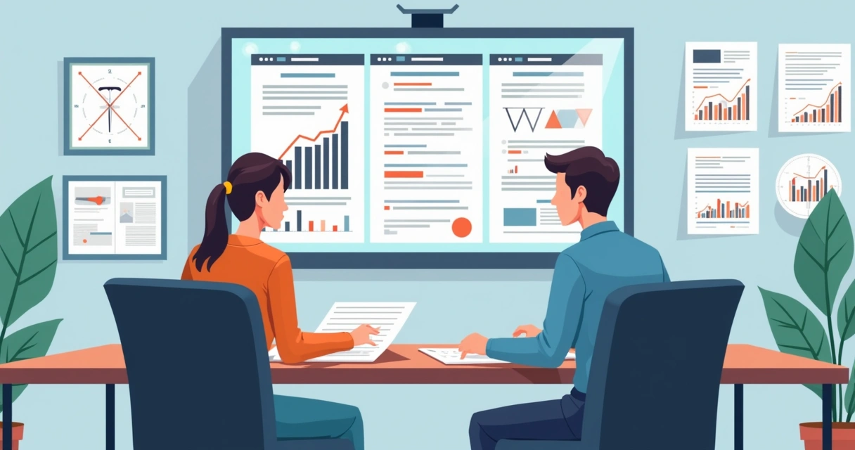 Mesa de reunião com duas pessoas analisando papéis e gráficos de contrato 