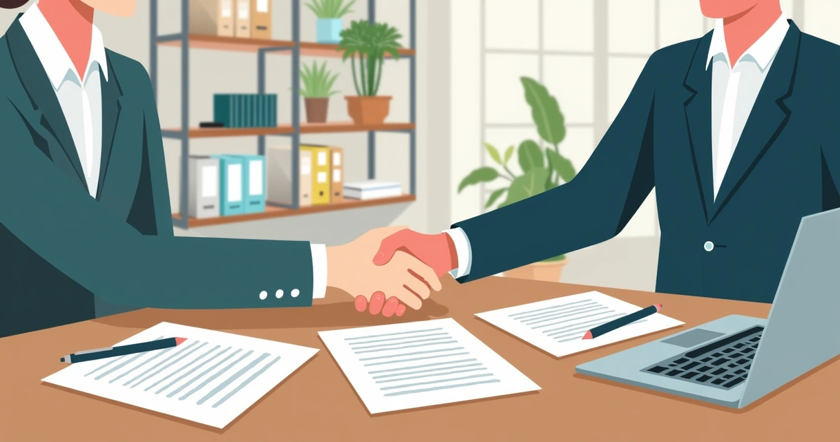 Duas pessoas apertando as mãos, uma com contratos na mesa 
