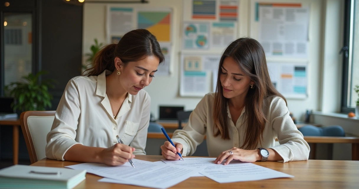 Duas pessoas sentadas à mesa revendo contrato imobiliário com gráficos ao fundo 