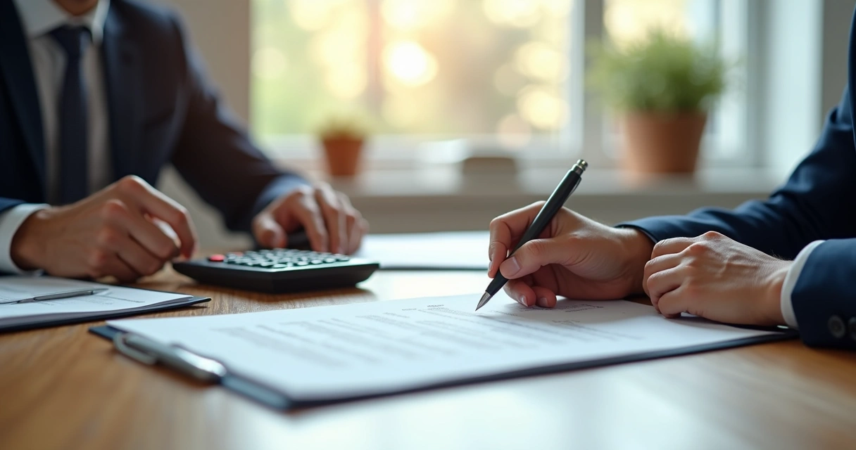 Pessoa assinando contrato de locação com calculadora e documentos na mesa 