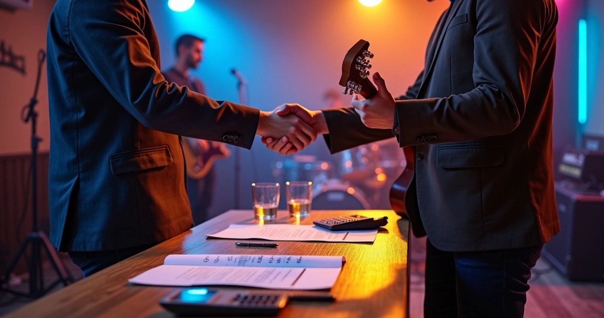 Cliente e músico apertando as mãos ao lado do palco após assinar contrato 
