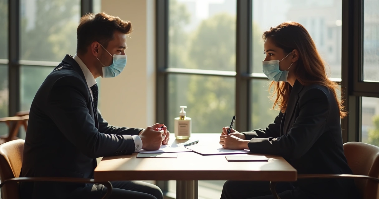 Duas pessoas negociando contrato de aluguel em mesa com máscara e álcool gel presentes 