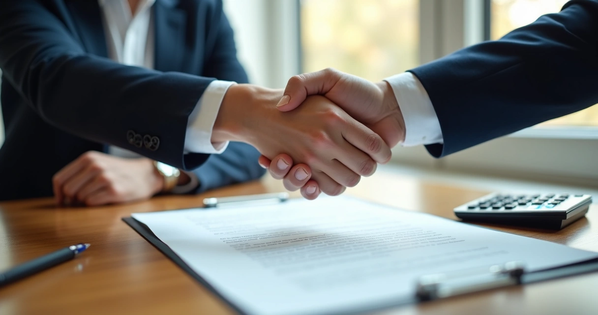 Duas pessoas apertando as mãos com contrato sobre a mesa, simbolizando fechamento de acordo PJ