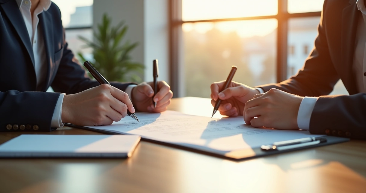 Duas pessoas negociando contrato em mesa de reunião 