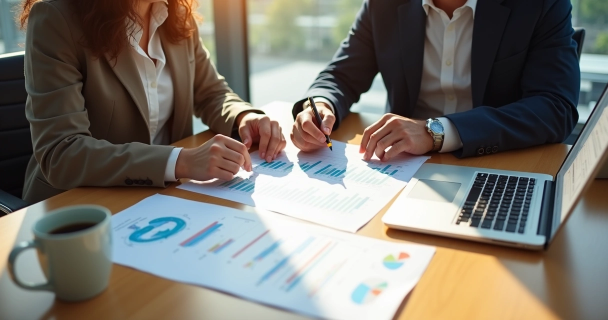 Duas pessoas analisando contrato de software em uma mesa de escritório 