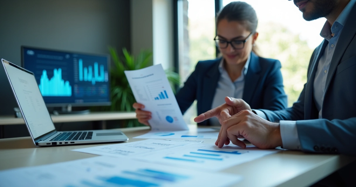 Profissionais de TI revisando contratos de SaaS em uma mesa com notebook, gráficos e anotações 