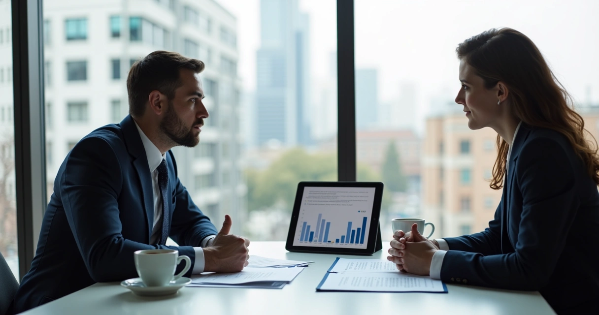 Profissionais negociando detalhes de contrato de serviços em escritório