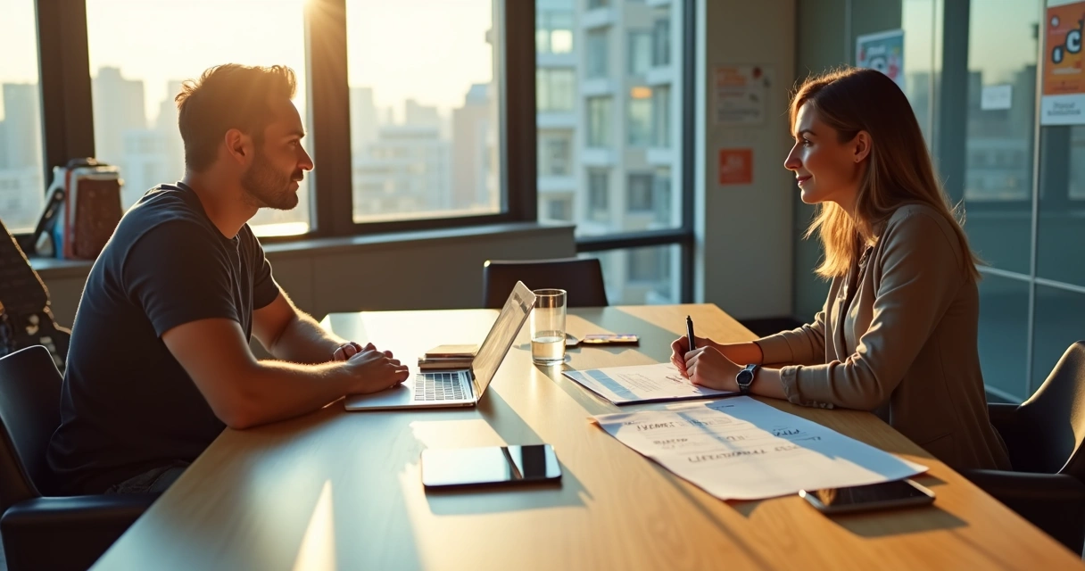 Produtor e artista negociando contrato de show em mesa de reunião 