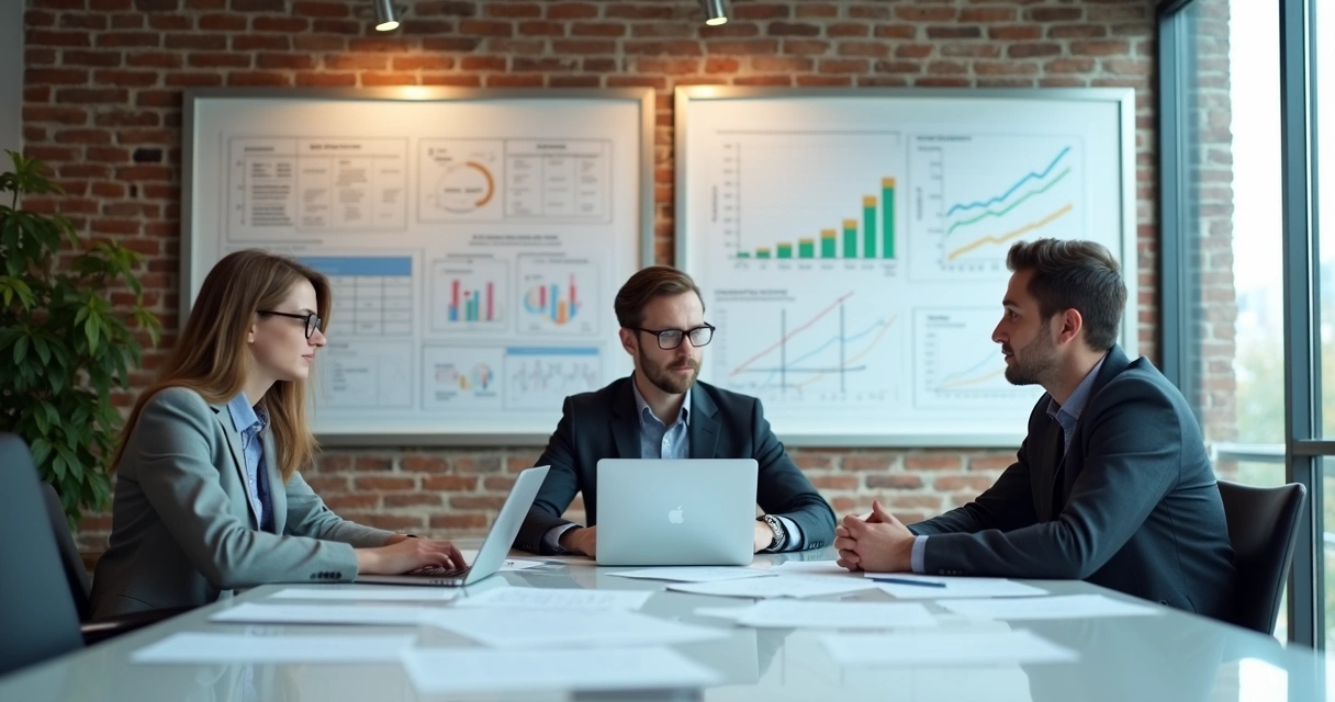 Negociação de contrato entre sócios de startup focados em computação, usando notebooks e documentos