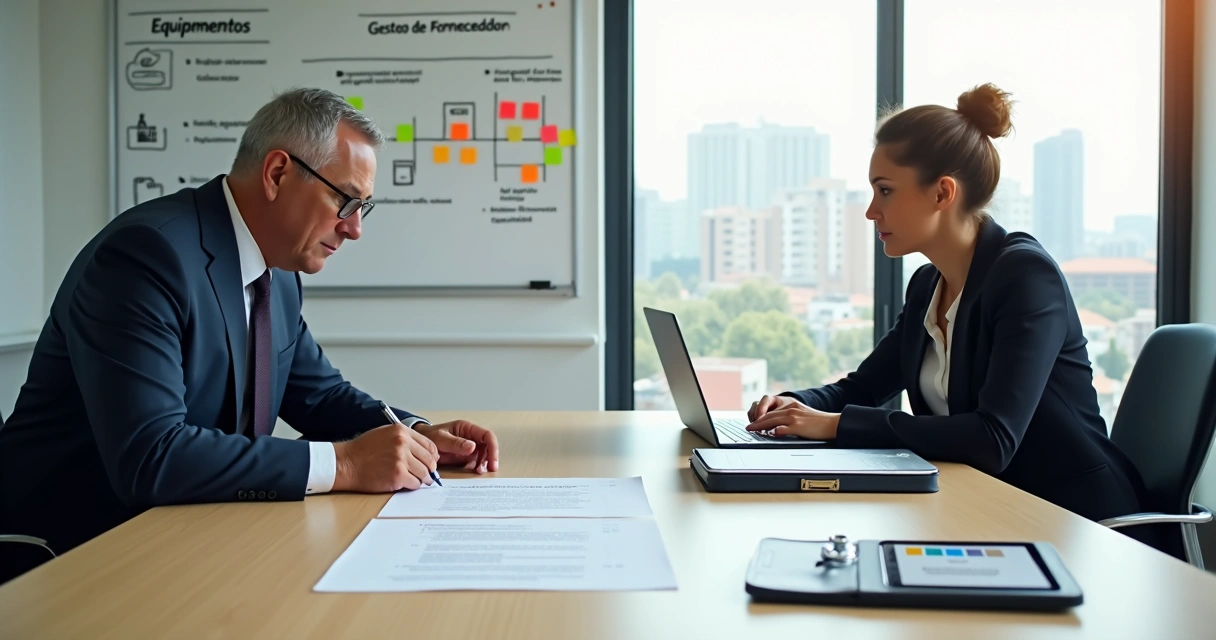 Diretor de clínica médica negociando contrato com fornecedor em mesa de reunião 