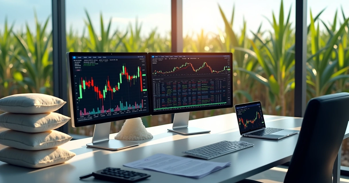 Mesa com gráficos financeiros, contratos futuros e sacas de açúcar empilhadas 