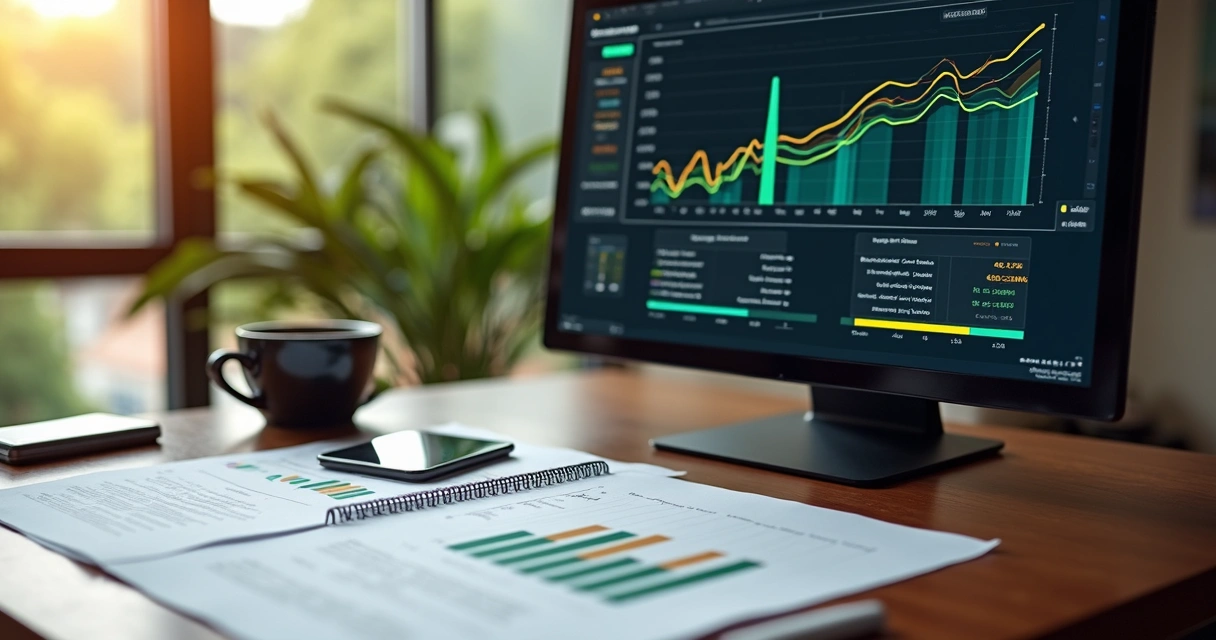 Mesa de trabalho com monitor exibindo gráficos de contratos futuros agrícolas, café em xícara e folhas de papel com anotações financeiras 