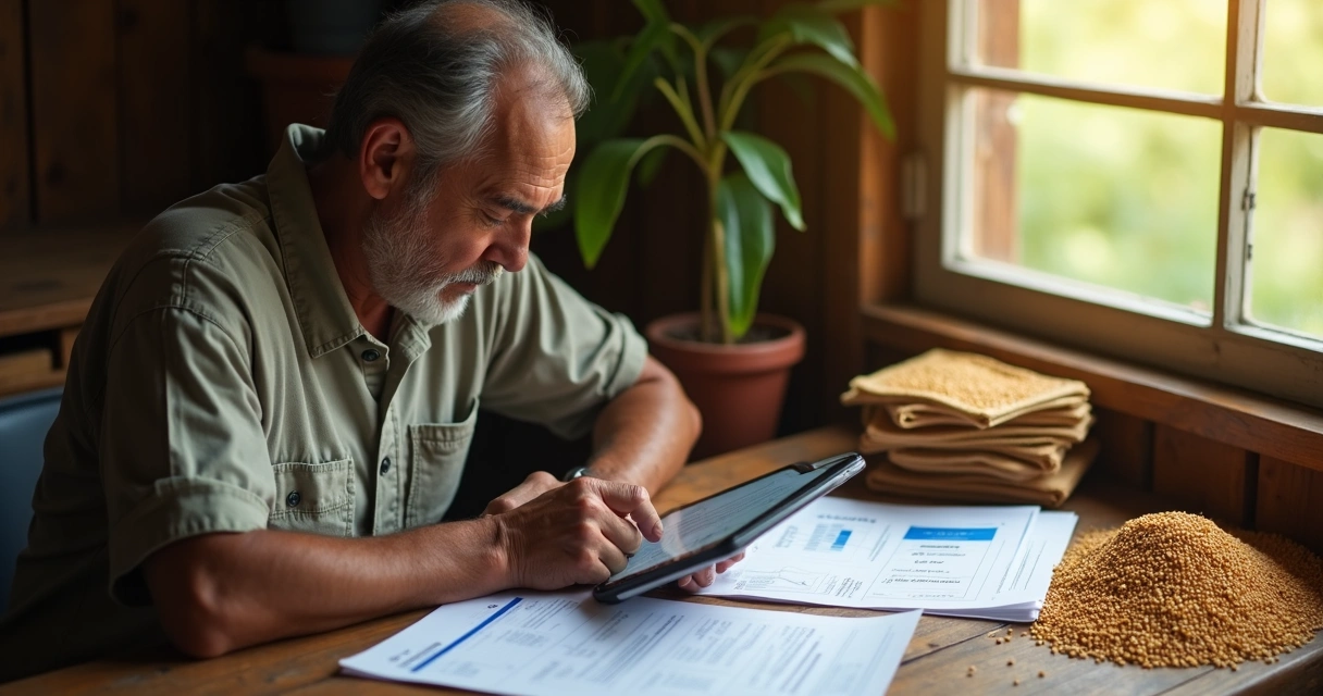 Agricultor brasileiro negociando contratos de soja com tablet em mãos 