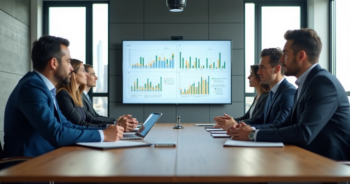 Mesa de reunião corporativa com pessoas analisando propostas comerciais e gráficos de desempenho em tela digital 