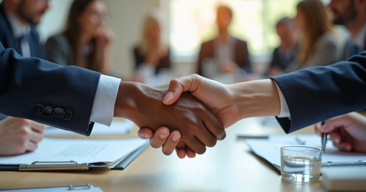 Duas mãos diferentes se unindo em acordo sobre uma mesa de negociação 