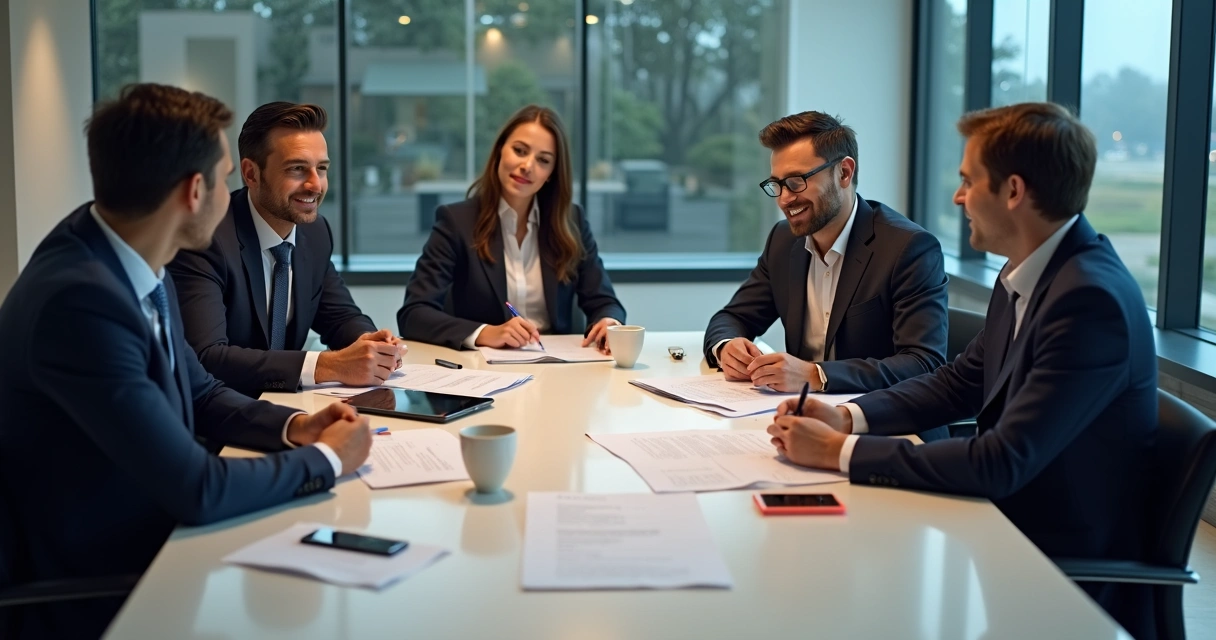 Executivos em negociação ao redor de mesa de reunião 