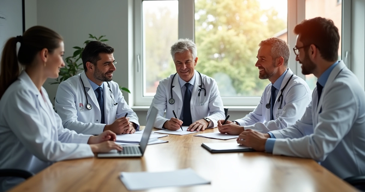 Médicos discutindo contrato em uma sala de reunião com papéis e documentos. 