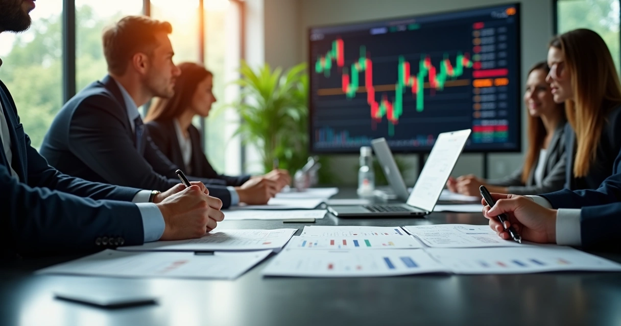 Pessoas negociando contratos de carbono em ambiente corporativo 