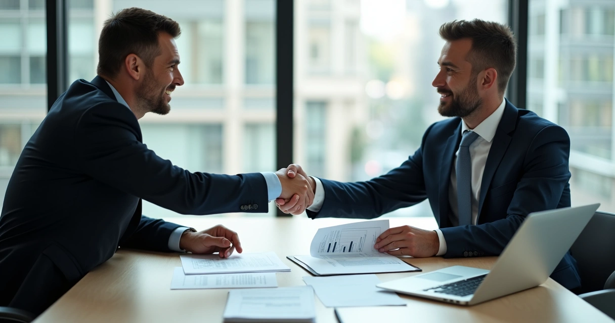 Dois empresários negociando contrato de crédito com papéis na mesa 