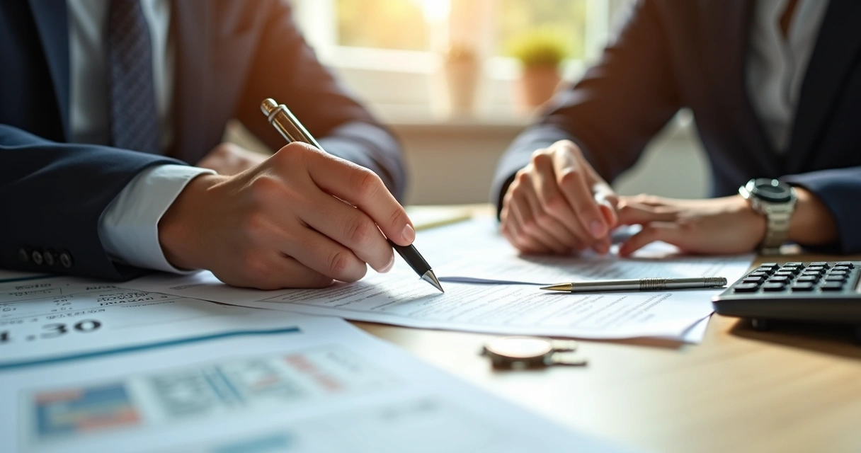 Duas pessoas negociando crédito com papéis, carimbos e chaves pequenos 