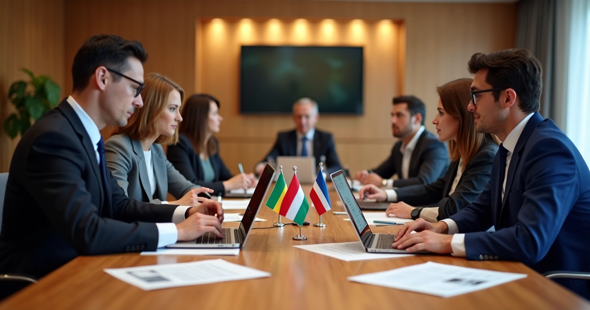 Executivos de diferentes países em reunião de negociação 