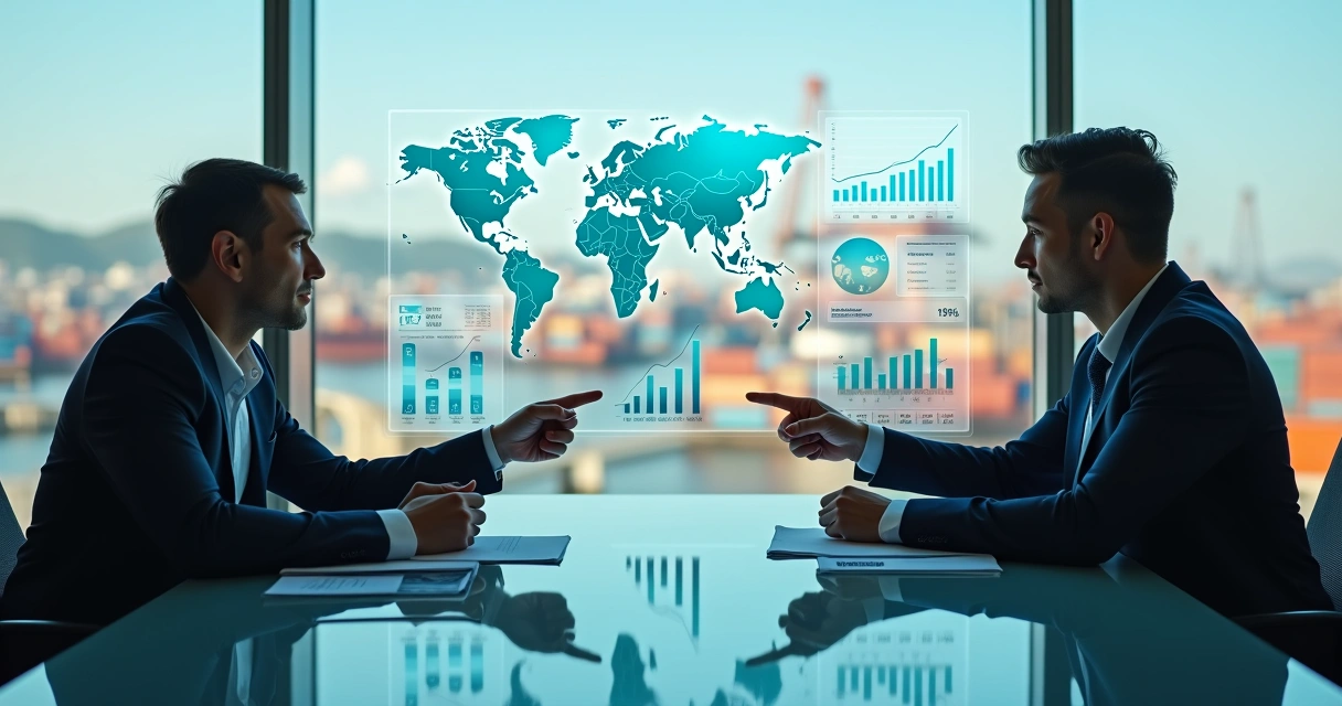 Empresário negocia em mesa de vidro com gráficos de importação holográficos ao redor 