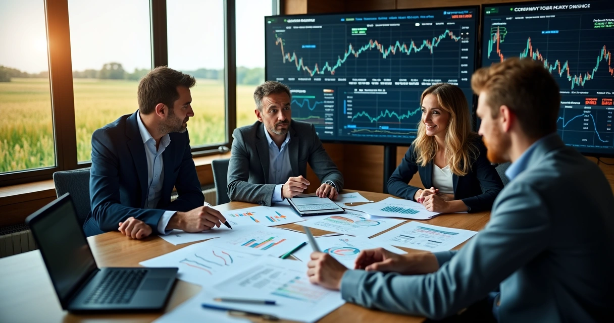 Gestores de cooperativa analisando contratos e gráficos de derivativos 