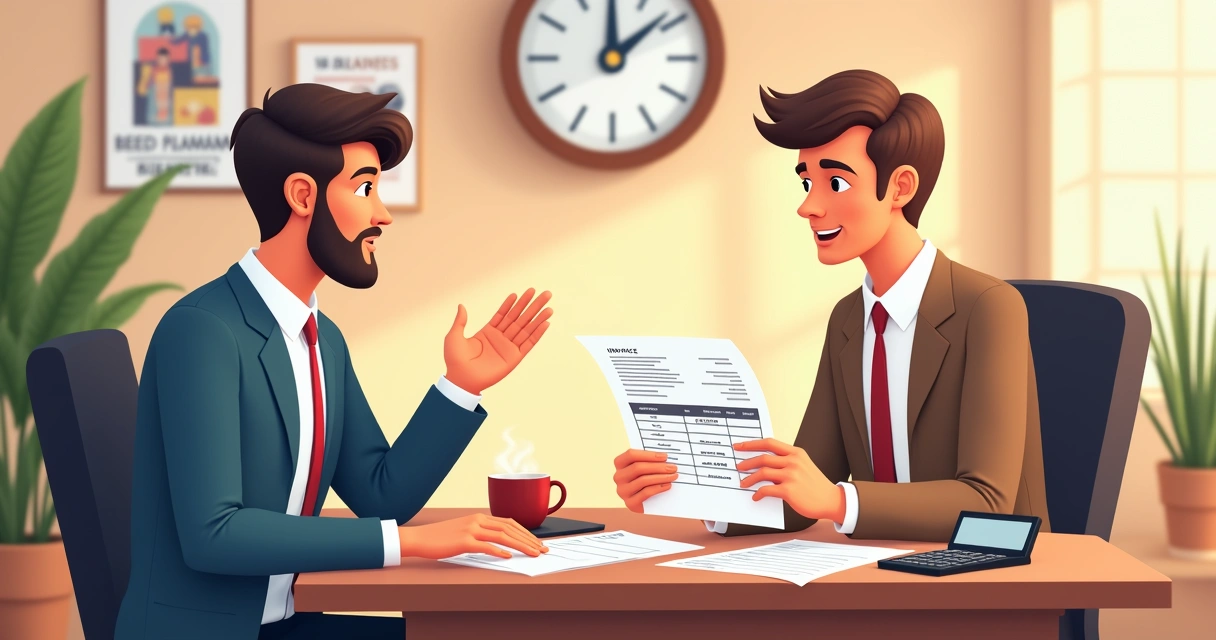 Duas pessoas discutindo valores na mesa de escritório 
