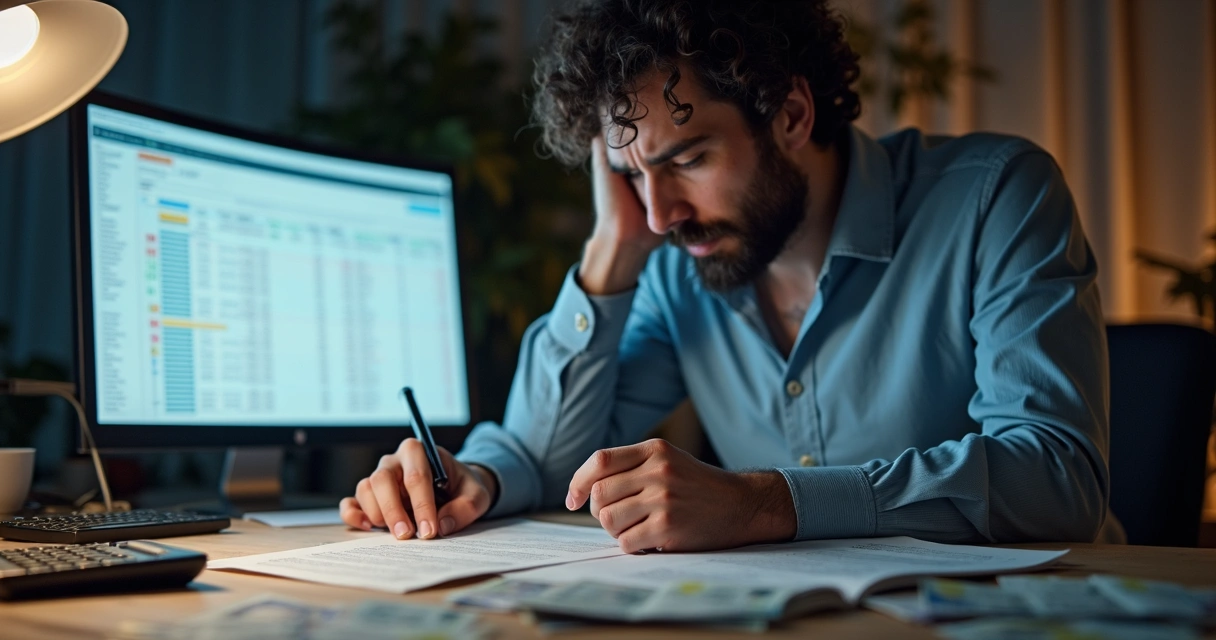 Pessoa analisando contratos internacionais de trabalho com expressões de dúvida 