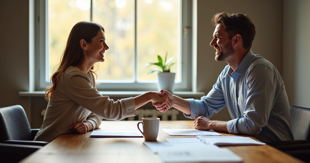 Duas pessoas conversando à mesa enquanto apertam as mãos. 