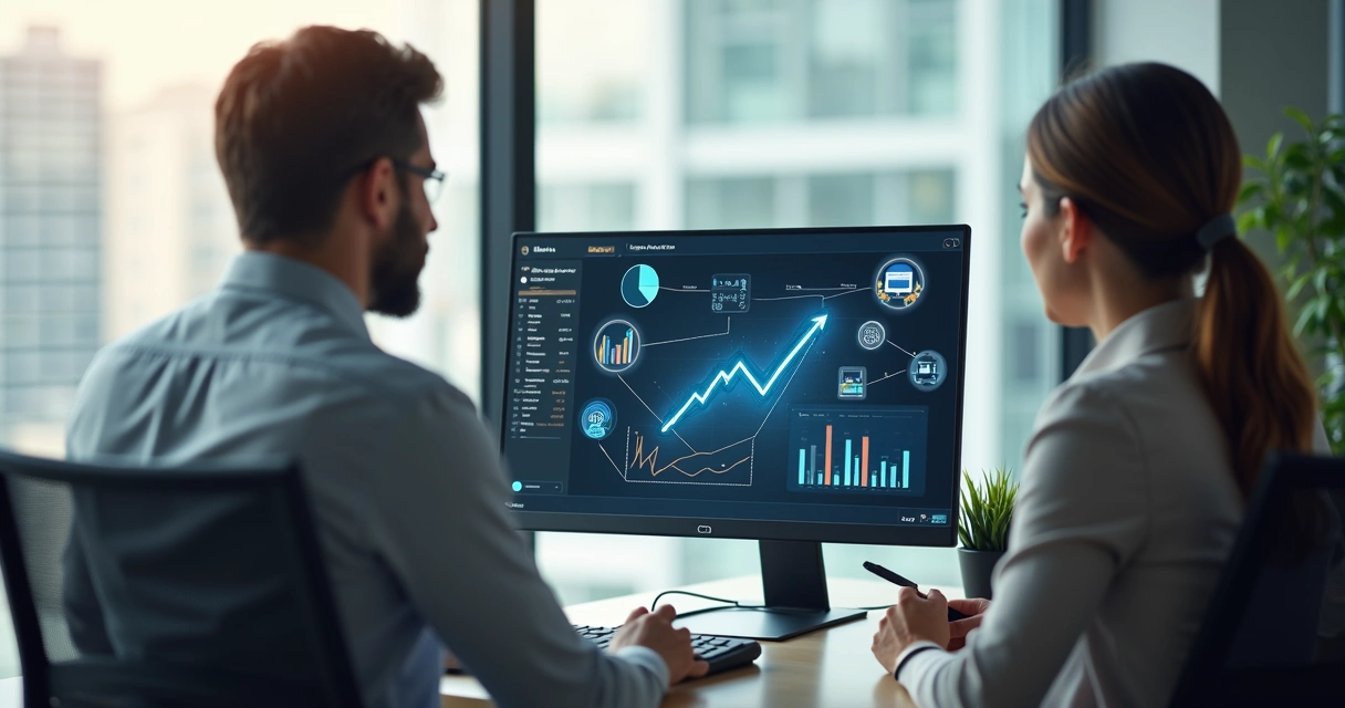 Duas pessoas em frente a um computador, analisando gráficos de vendas digitais 
