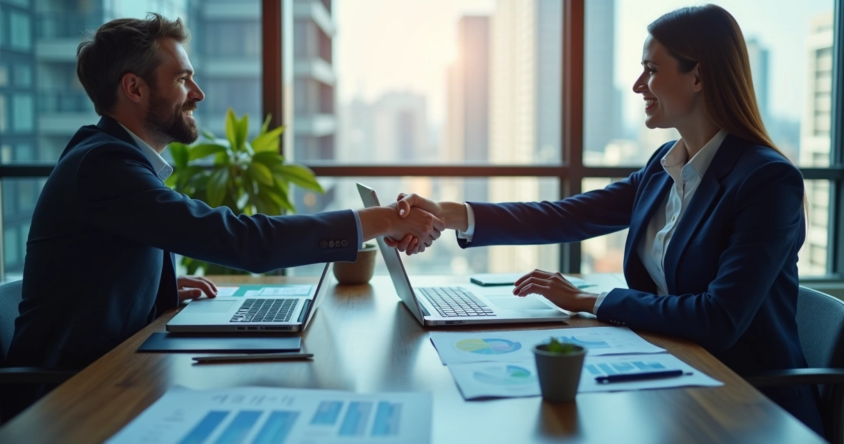 Dois empresários apertando as mãos em frente a notebook, representando negócios digitais B2B 