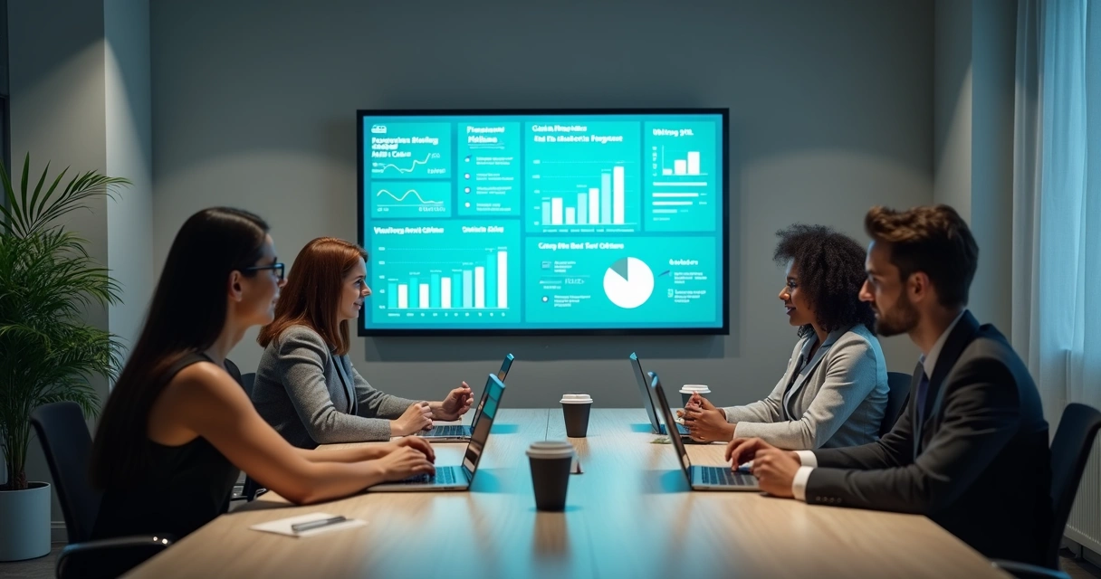 Equipe analisando painel de cobrança digital 