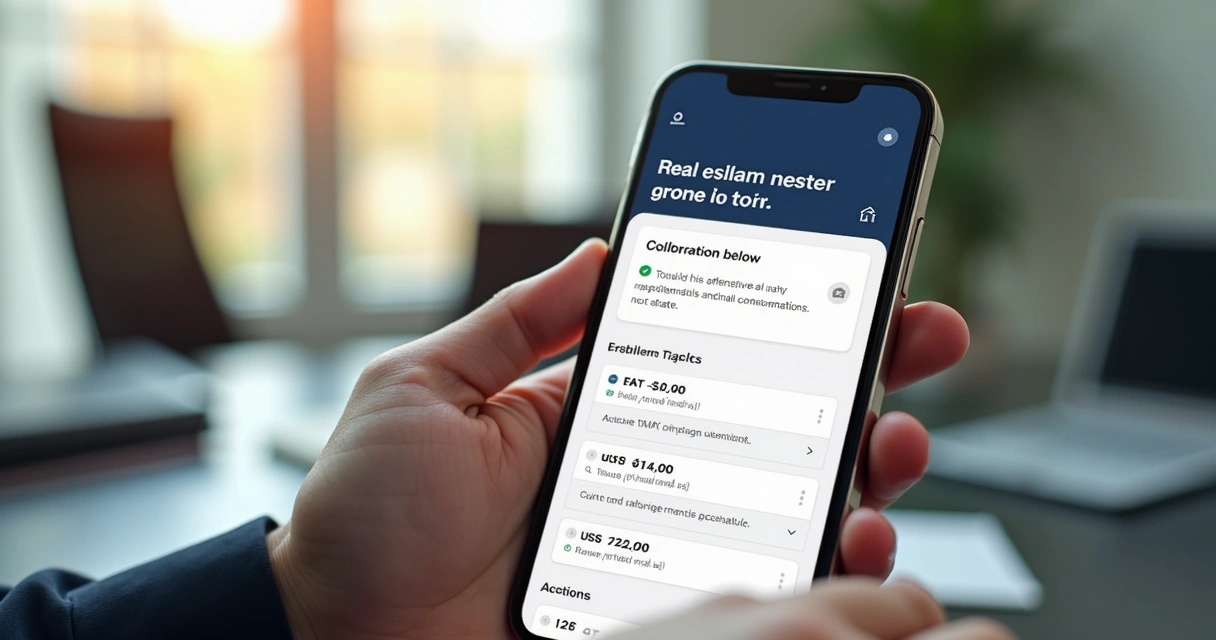 Mão segurando celular com tela de negociação imobiliária digital, tela contém opções de parcelamento e acordo 