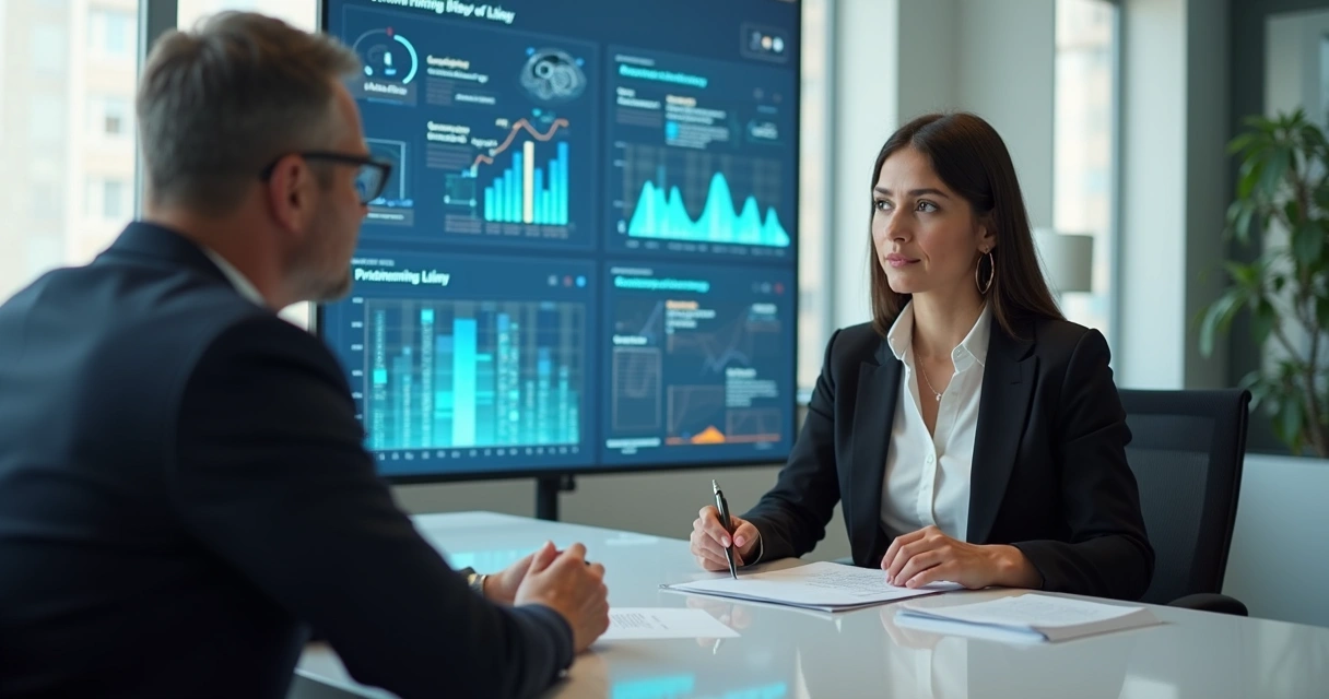 Advogada orientando cliente com gráficos digitais de IA em sala de reuniões 