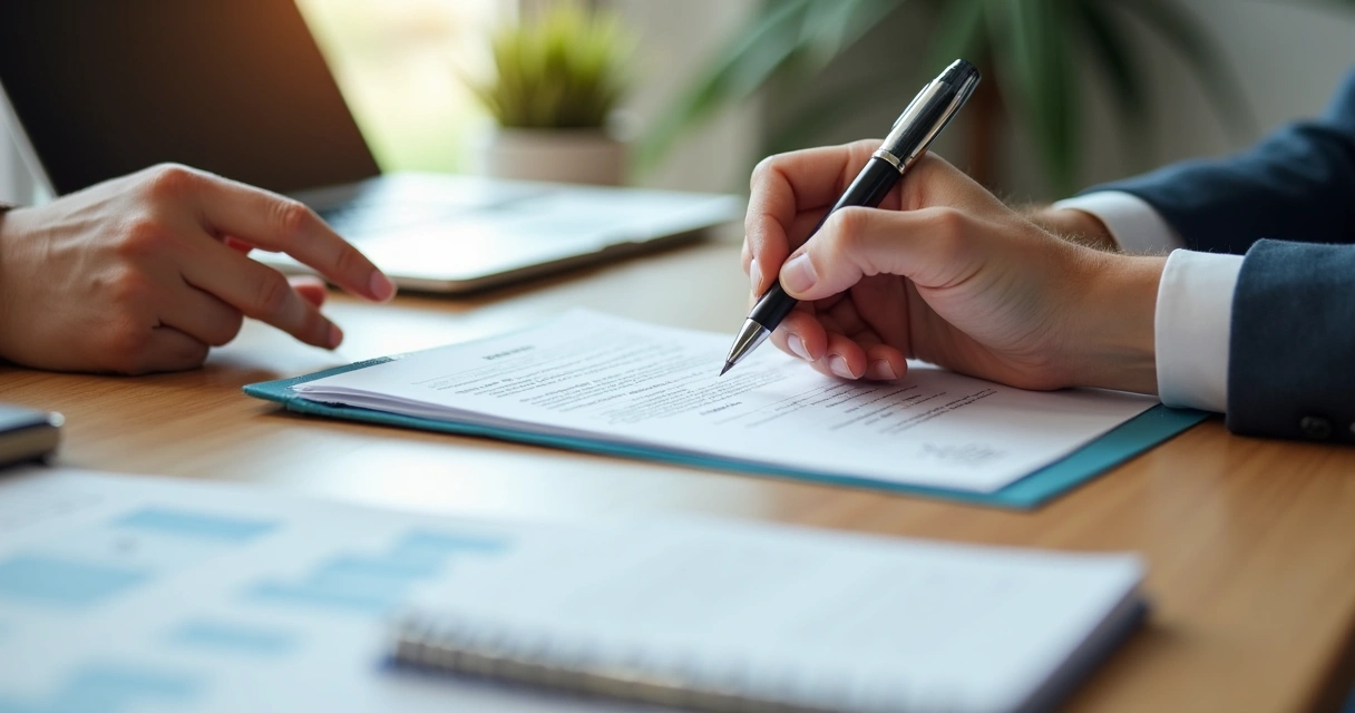 Duas pessoas assinando documento de negociação empresarial 