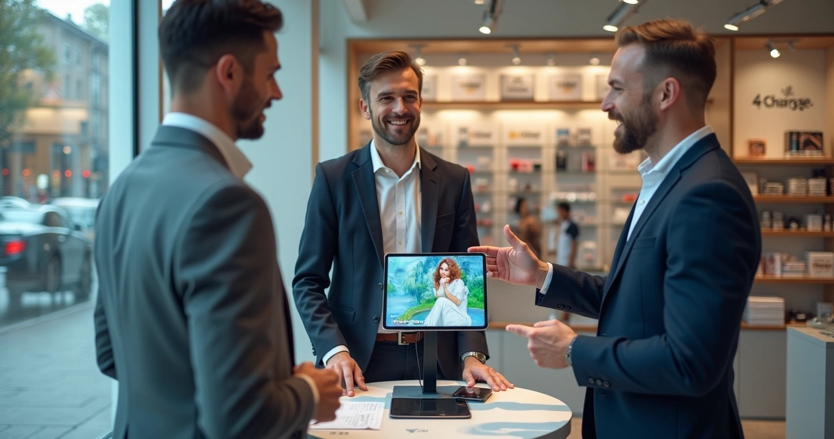 Pessoa negociando a instalação de totens carregadores digital em comércio, com empresário e representante da 4Charge em loja moderna 