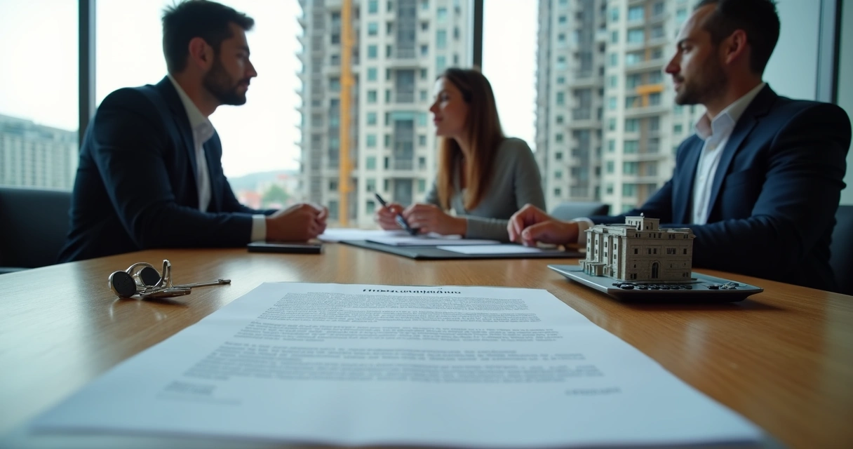 Corretor mostra contrato de distrato imobiliário para casal em plantão de vendas 