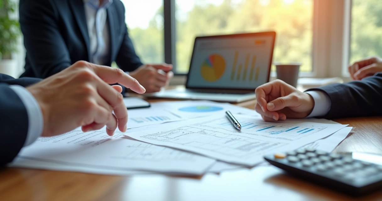 Mesa de reunião com contrato de distrato em loteamento, mãos discutindo documentos e calculadora 