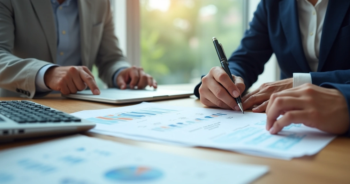 Reunião de negociação de dívida com contratos e planilhas sobre a mesa
