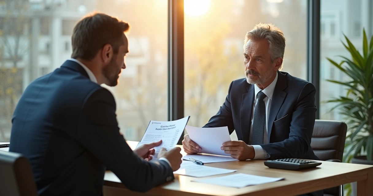 Pessoa negociando dívida antiga no banco com papéis e calculadora sobre a mesa 