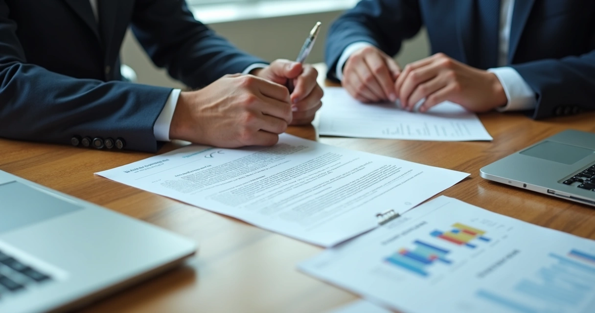 Executivos revisando contrato em mesa com papéis e laptops 