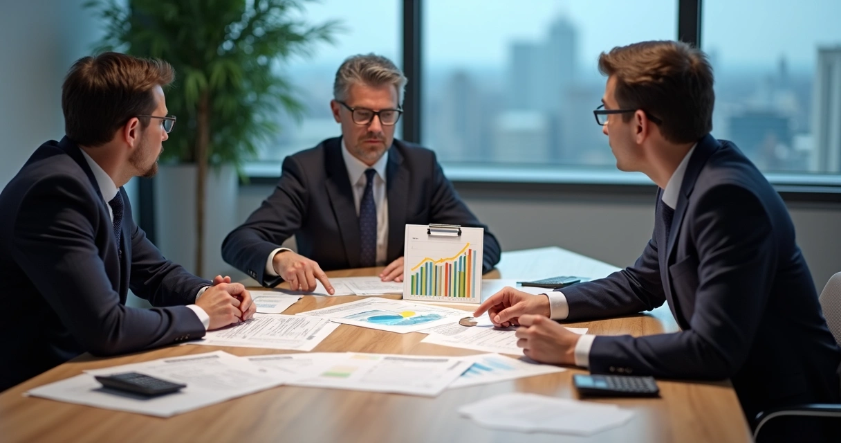 Reunião empresarial discutindo dívidas e estratégias de negociação, mesa com papéis e gráficos 