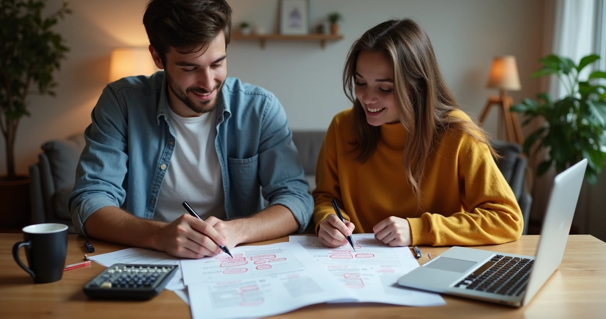 Homem e mulher analisando juntos uma planilha de dívidas e contratos 