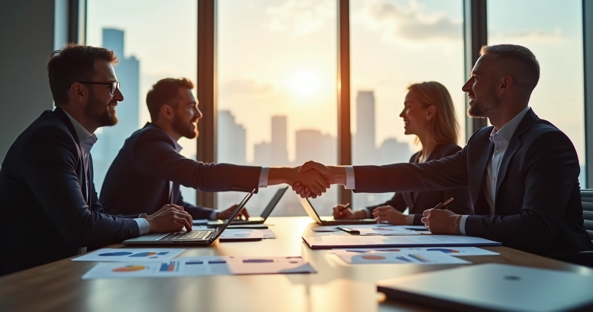 Executivo e consultor apertando as mãos em sala de reunião, documentos de negociação sobre a mesa 