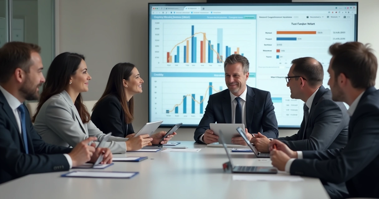 Franqueados em reunião discutindo negociação de compras ao redor de uma mesa