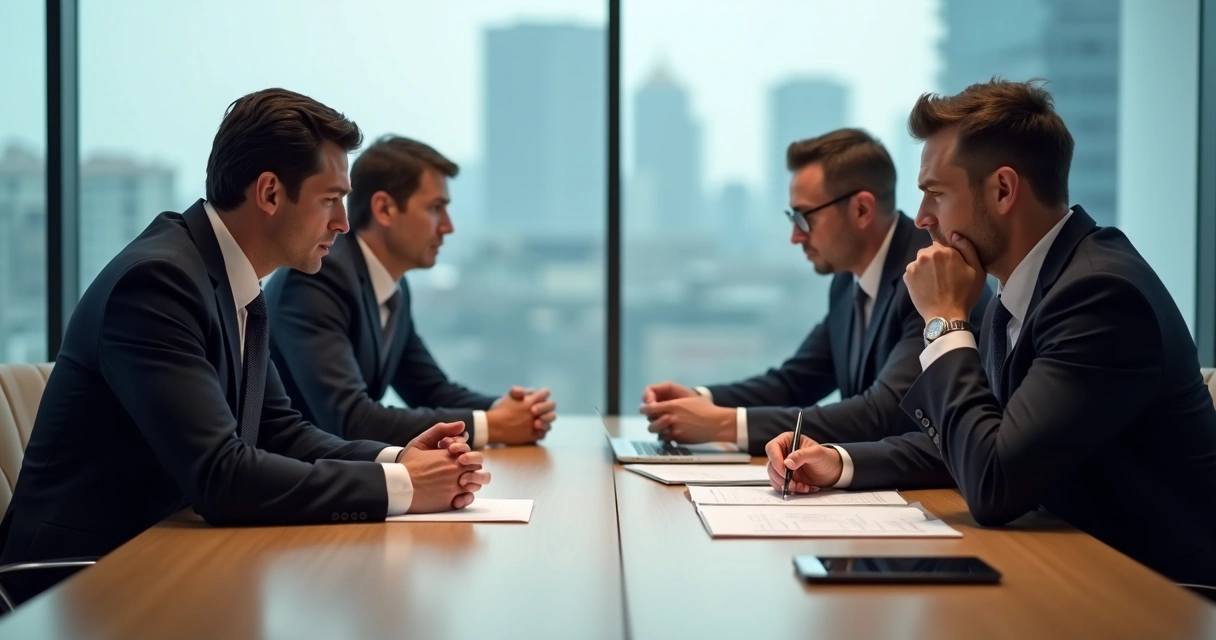 Executivos em reunião negociando com tensão silenciosa na mesa 