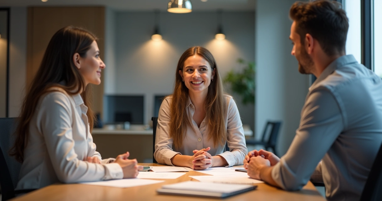 Pessoa em reunião olhando com empatia e atenção para colega enquanto outro fala, mostrando sinais de escuta e abertura. 
