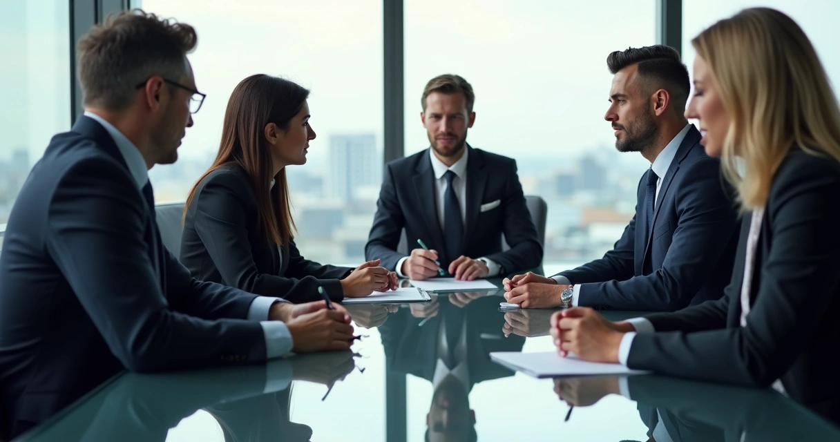 Pessoas de terno negociando em mesa de reuniões, expressões faciais focadas e respeitosas 