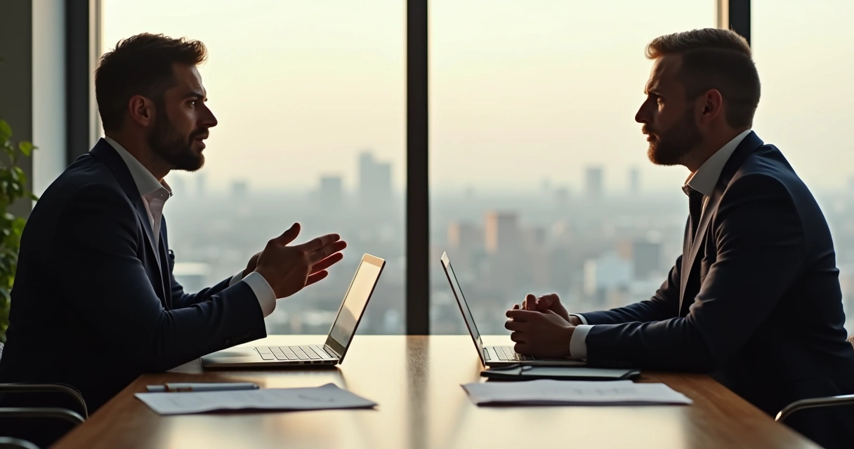Duas pessoas sentadas frente a frente numa mesa de negociações, uma demonstrando escuta ativa, com papeis e computadores ao redor. 